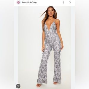 PrettyLittleThing Silver Sequin Tassel Plunge Jumpsuit
